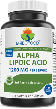 Brieofood Alpha Lipoic Acid bottle showing 120 capsules for antioxidant support.