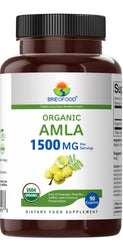 Brieofood Amla tablets closeup shows vegetarian, gluten-free supplement.
