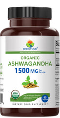Brieofood Ashwagandha bottle back label details ingredients and organic certification