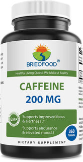 Brieofood caffeine pills bottle front showing 200 mg per serving for focused energy