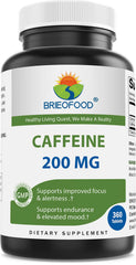 Brieofood caffeine pills bottle front showing 200 mg per serving for focused energy