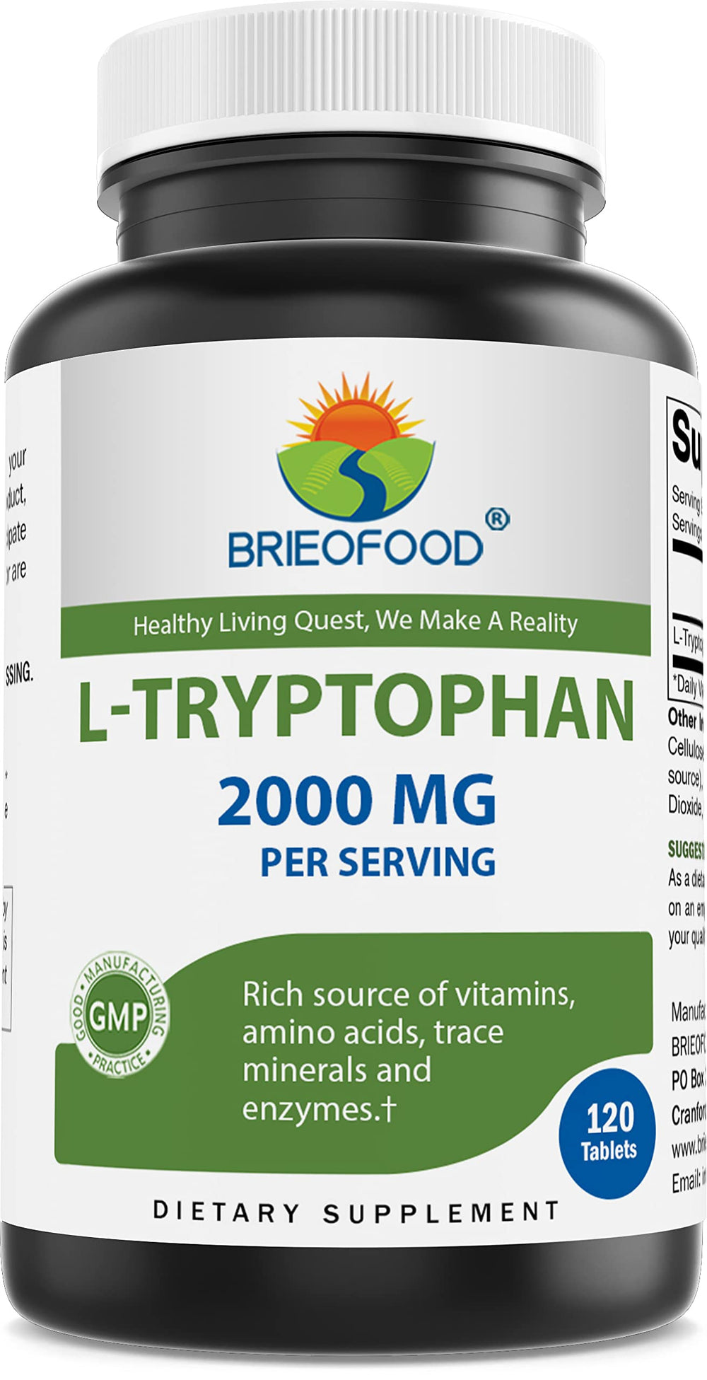 Brieofood L-Tryptophan bottle front label showing a 120-tablet supply for daily calm support