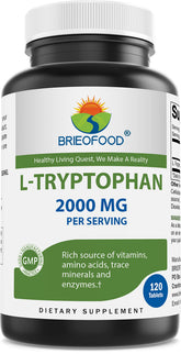 Brieofood L-Tryptophan bottle front label showing a 120-tablet supply for daily calm support