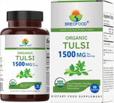 Brieofood Organic Tulsi bottle with label showing 1500mg per serving.