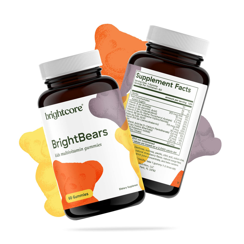Brightcore BrightBears bottle shows kid-friendly vitamins for daily use.