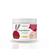 Brightcore BrightBeets beet powder jar label shows red apple flavor for daily energy support.