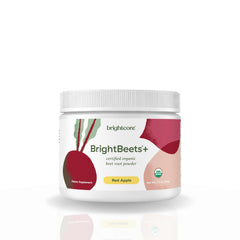 Brightcore BrightBeets beet powder jar label shows red apple flavor for daily energy support.