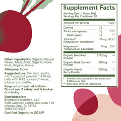 Brightcore BrightBeets beet powder mixed in water, vibrant color and natural flavor.