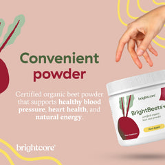 Brightcore BrightBeets beet powder in a smoothie glass, convenient nutrition add-on.