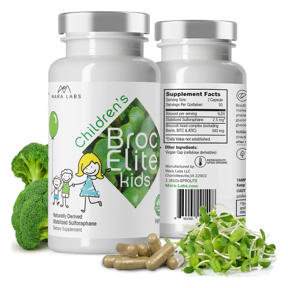 BrocElite Mara Labs Kids bottle view showing a kid-friendly broccoli supplement for daily use.