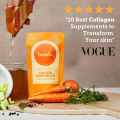 Brodo organic chicken bone broth with collagen ingredients, slow simmered for deep, savory flavor.