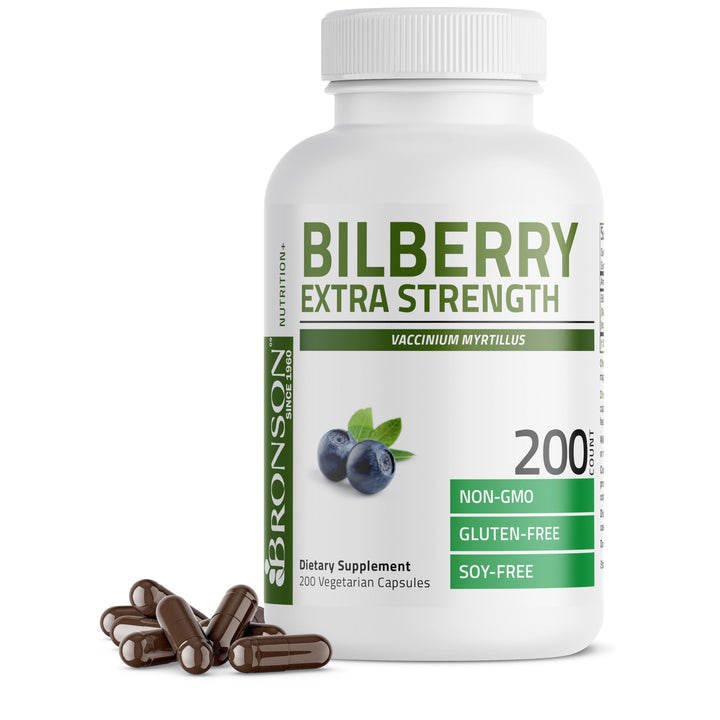 Bronson Bilberry Extra Strength bottle showing eye health support in a compact form.