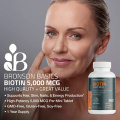 Bronson Biotin bottle open showing compact, easy-to-take tablets.