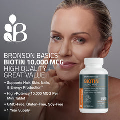 Bronson Biotin bottle label highlights 10,000 mcg and vegetarian formula.