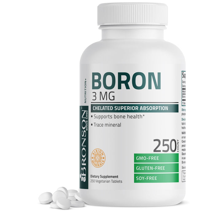 Bronson Boron 3 mg bottle close-up for high-quality bone support supplement.