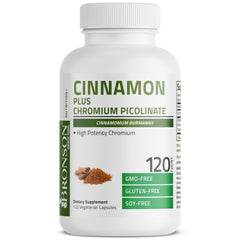 Bronson Cinnamon Plus Chromium label highlights ingredients and non-GMO standards.
