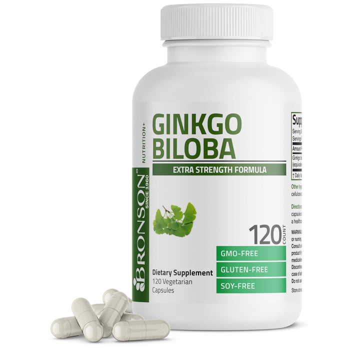 Bronson Ginkgo Biloba Extra Strength bottle front shows branding and label for brain health.