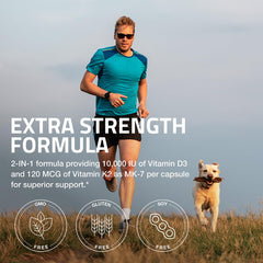 Bronson K2-D3 capsules shown as easy-to-swallow daily supplement.
