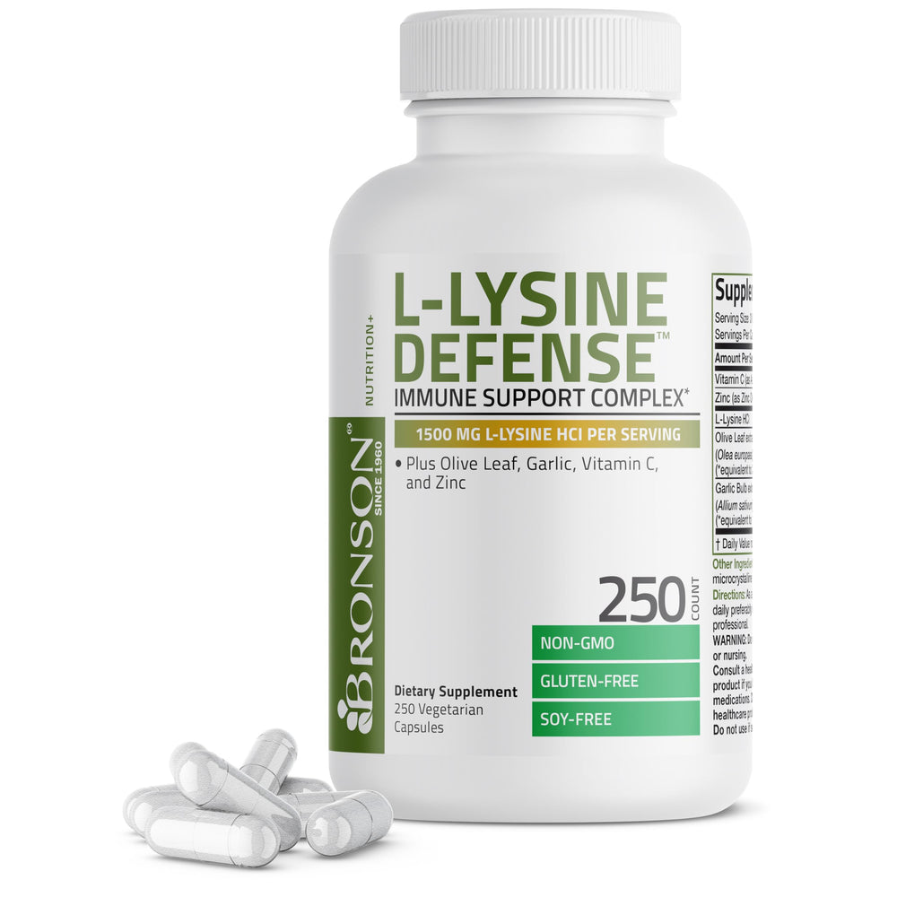 Bronson L-Lysine Defense bottle front view highlighting immune support formula
