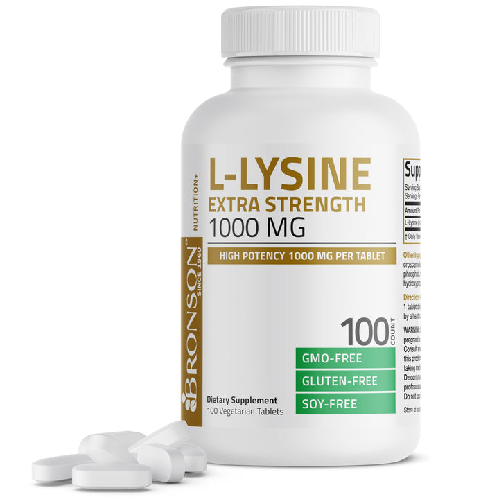 Bronson L-Lysine extra-strength bottle for daily immune support potential.