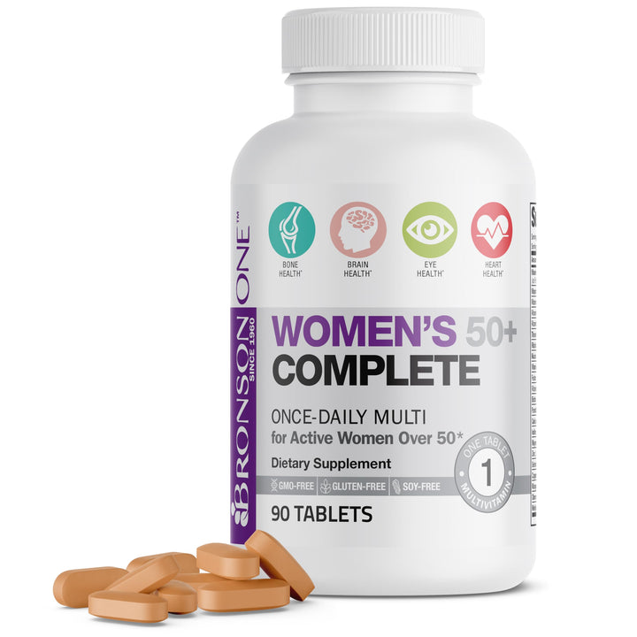Bronson ONE Daily Women's 50+ bottle shows convenient daily wellness support