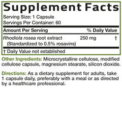 Bronson Rhodiola Rosea capsules closeup shows smooth, easy-to-swallow vegetarian capsules.