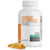 Bronson Sodium Ascorbate 1000 mg tablets pack shot emphasizing gentle stomach formula