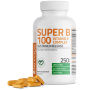 Bronson Super B 100 bottle showing sustained-release formula for steady energy
