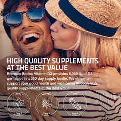 Bronson Vitamin D3 5000 IU bottle in hand for on-the-go daily supplementation.