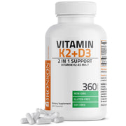 Bronson Vitamin K2 D3 bottle front view, non-GMO formula for daily calcium support.
