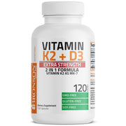 Bronson Vitamin K2 MK-7 D3 bottle close-up emphasizing extra-strength formula.