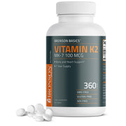 Bronson Vitamin K2 MK-7 bottle label shows 100 mcg for bone support.