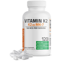 Bronson Vitamin K2 MK-7 bottle with capsules supports calcium transport to bones.