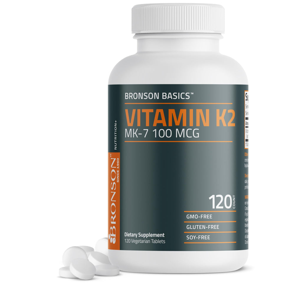 Bronson Vitamin K2 MK-7 100 mcg tablets bottle for daily bone support.