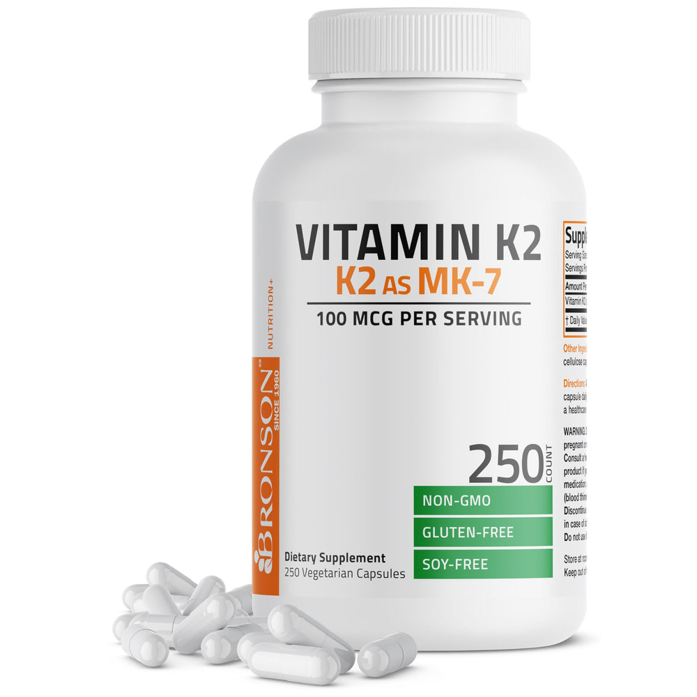 Bronson Vitamin K2 MK-7 bottle front may support calcium distribution in the body.