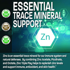 Bronson Zinc Triple Play ingredients chart shows three zinc forms in one formula.