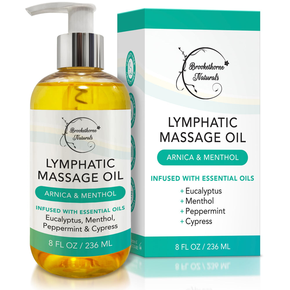 Brookethorne Naturals lymphatic drainage oil bottle pour for a smooth therapy glide.
