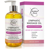 Brookethorne Naturals Lymphatic Massage Oil bottle shows silky glide for gentle lymphatic massage.