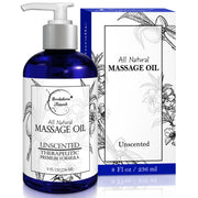 Brookethorne Naturals Unscented Massage Oil bottle shows fragrance-free glide and smooth texture