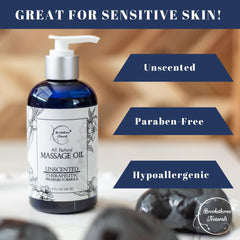 Brookethorne Unscented Massage Oil ingredients close-up with almond, grapeseed, jojoba oils