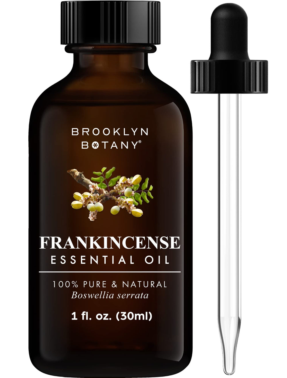Brooklyn Botany Frankincense essential oil bottle with dropper for precise dosing.
