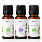 Brookstone eucalyptus essential oil bottle close-up for diffuser use and refreshing aroma.