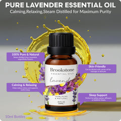 Brookstone lavender bottle close-up highlighting pillow spray and calming aroma.