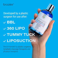 Bruizex oil alongside massage tools showing compatibility with cupping and lymphatic routines
