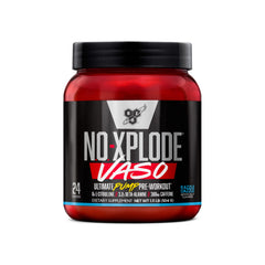 BSN N.O.-XPLODE VASO tub front showing pre-workout packaging for energy and pumps