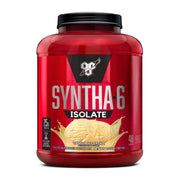 BSN SYNTHA-6 ISOLATE protein powder container highlighting a premium 50/50 blend for post workout recovery