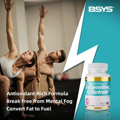 BSYS L-Carnitine bottle pour showing convenient two-capsule servings