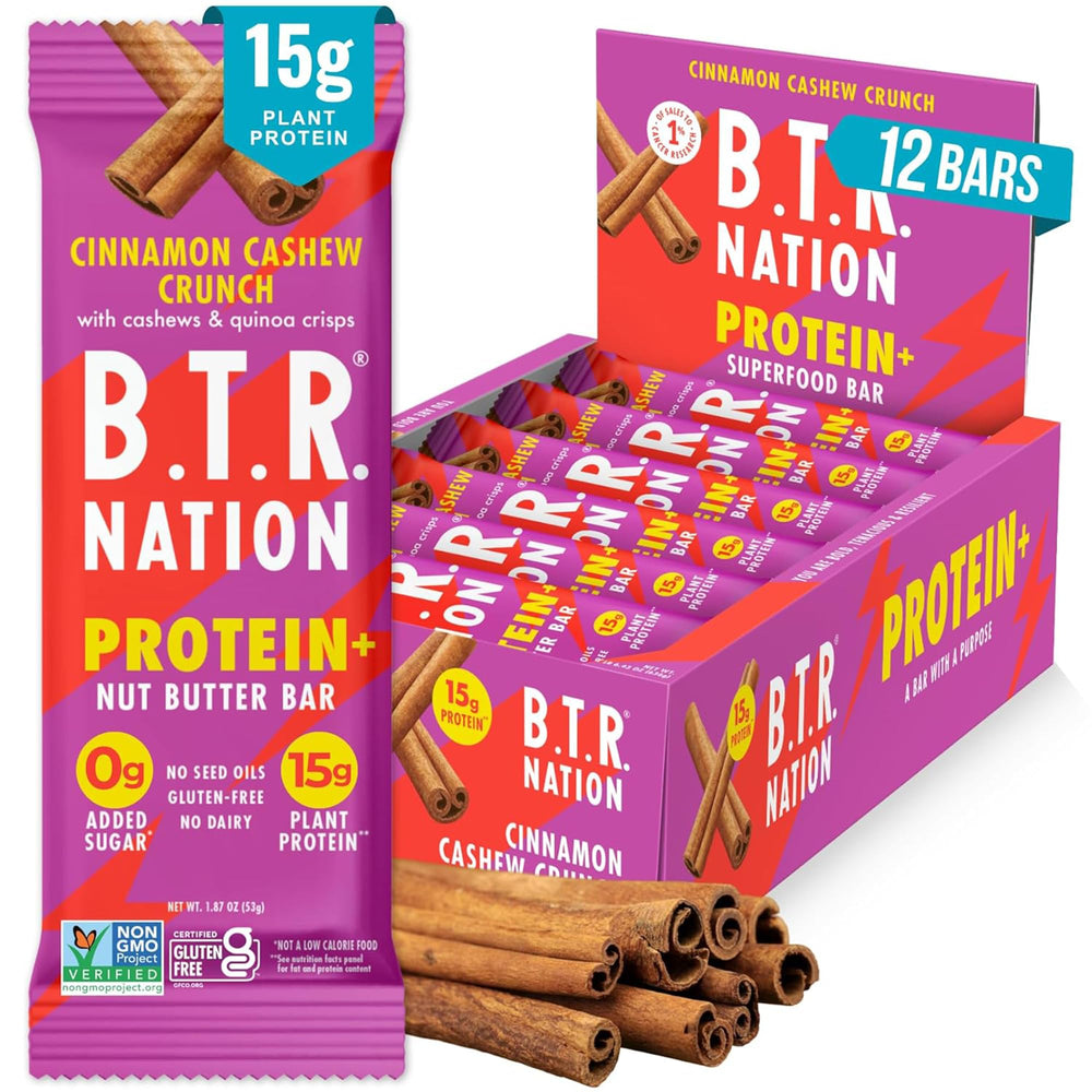 B.T.R. Nation Cinnamon Cashew Crunch bar close-up shows crispy texture and protein boost