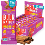 B.T.R. Nation Cinnamon Cashew Crunch bar close-up shows crispy texture and protein boost