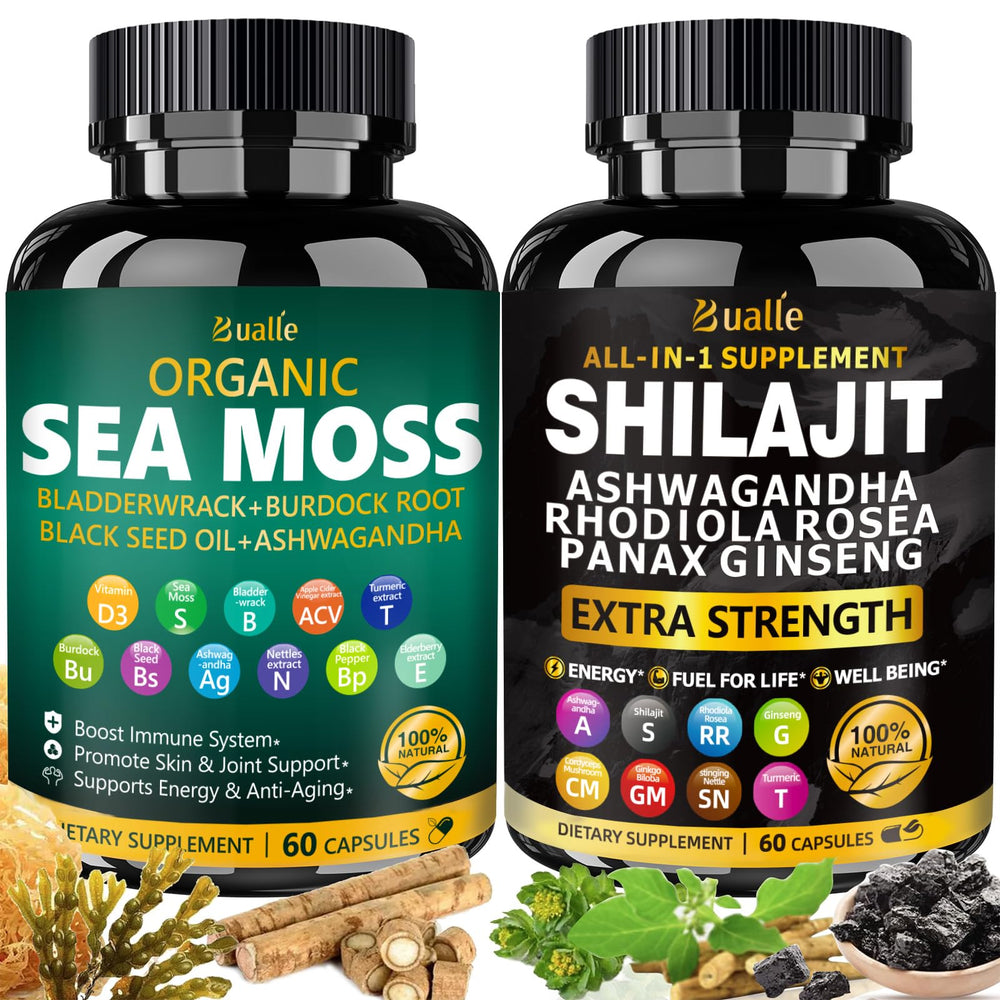 Bualle Sea Moss and Shilajit Bundle bottle front for daily vitality on the go.